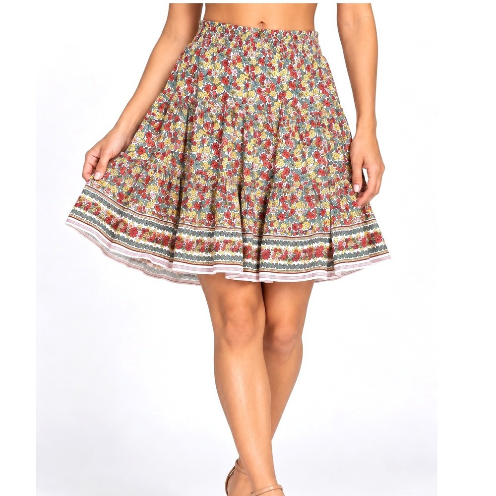 Max Studio Skirt Womens L Floral New Tiered Smocked Boho Mini Skirt 1703G11